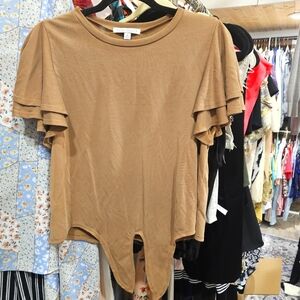 Green Envelope Tan Ruffle Sleeve Top